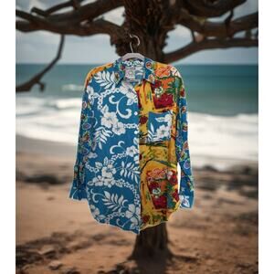 Surya Patchwork Hawaiian Shirt M Beaded Embroidery Surf Aloha Vtg Art Unisex